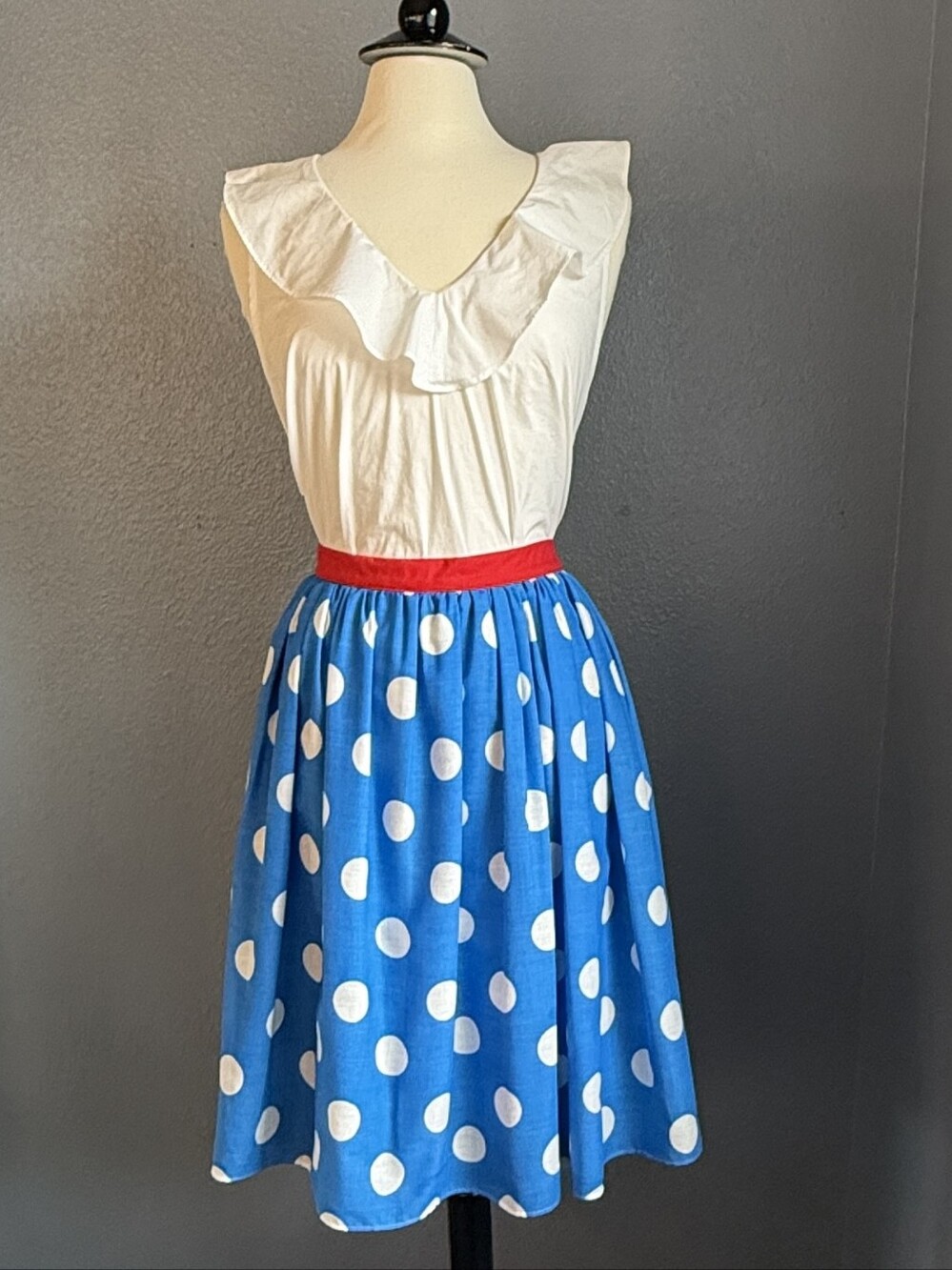 Fox & Shrew Blue Polka Dot A-Line Skirt with Red Waistband Size 12